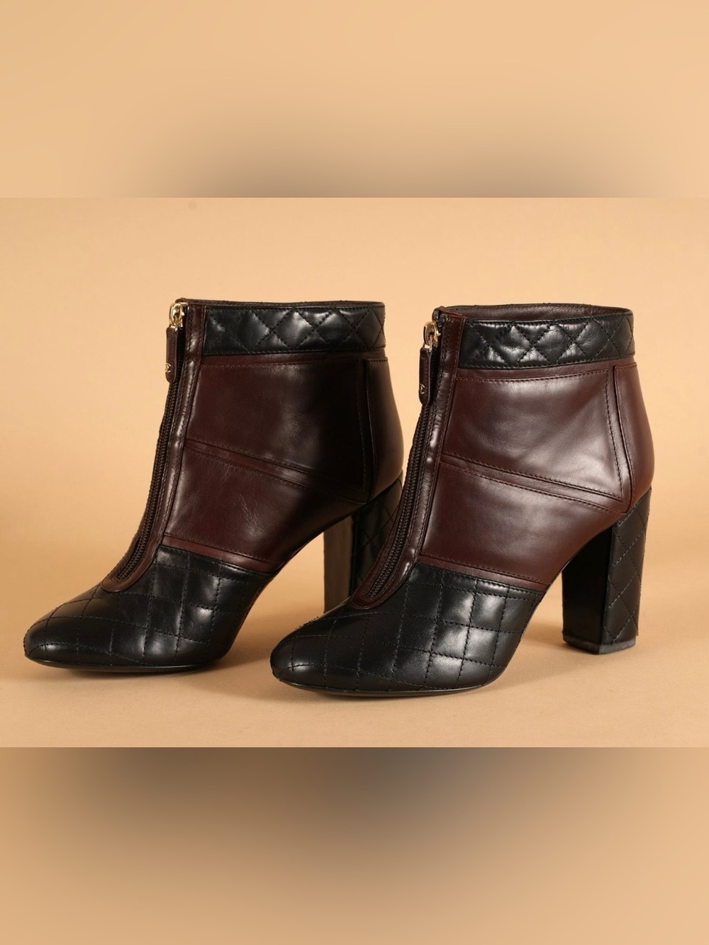 Chanel Quilted Two-Tone Leather Ankle Boots Burgundy & Black Sz EU 39.5/US 9.5